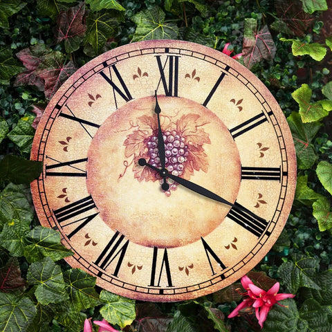 Large vintage wall clock with Roman numerals and grape design surrounded by ivy, resembling the Quartz Clock Movement Replacement Kit With Long Hands And Spade Hanger 208mm 8.2 Inch For Thick Dials 4 To 8mm, High Torque Mechanism, Easy DIY Install, No Fuss Timekeeping Upgrade