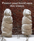 Plants wrapped in burlap against brick wall, snowy ground, text 'Protect your loved ones this winter.'