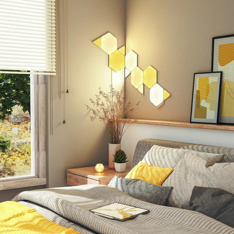 Flexible Linkers For Shape Panels, 3 Pack, Bendable Corner Connectors on hexagonal wall panels in a modern bedroom setup