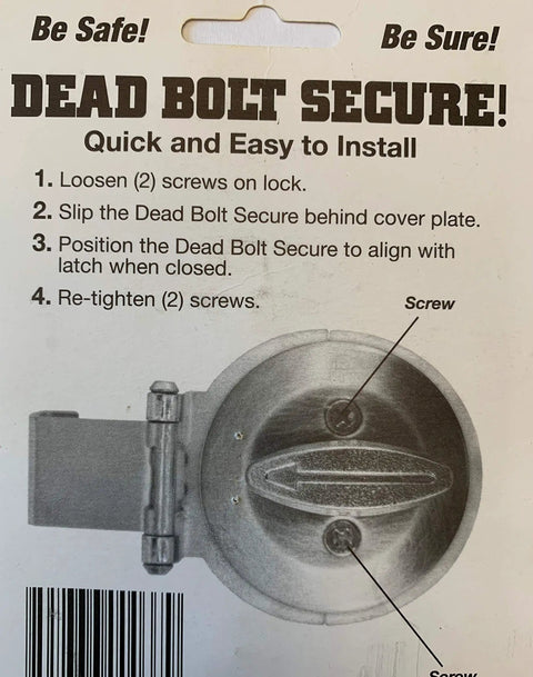 Instruction card with image of Dead Bolt Secure Brass Lock Guard for single side deadbolts, showing quick installation steps.