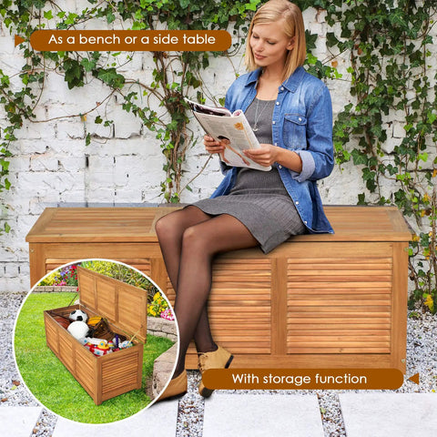 Acacia Wood Deck Box Bench 47 Gallon Outdoor Storage Chest With Seating, woman sitting, showing storage and natural finish.