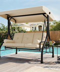 Three Seat Outdoor Porch Swing With Adjustable Canopy And Stand Heavy Duty Patio Swing For Adults next to a pool