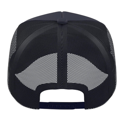 Back view of Evolution Plumbers Pipe Repair Trade Job Graphic Trucker Hat With Adjustable Mesh Back In Navy Blue.