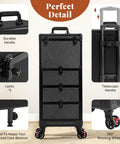 Ro ad Ready Roller Makeup Train Case With Three Spacious Drawers For Salon Pros And Grooming Artists Features Smooth Pivot Wheels and durable handle.