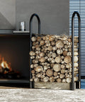 Heavy Duty Firewood Log Rack Kit With Adjustable Bracket For Indoor Or Outdoor Use, next to a fireplace, holding logs.