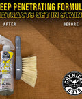 Lightning Fast Carpet And Upholstery Stain Extractor 16 Oz with brush on brown carpet showing stain removal results.