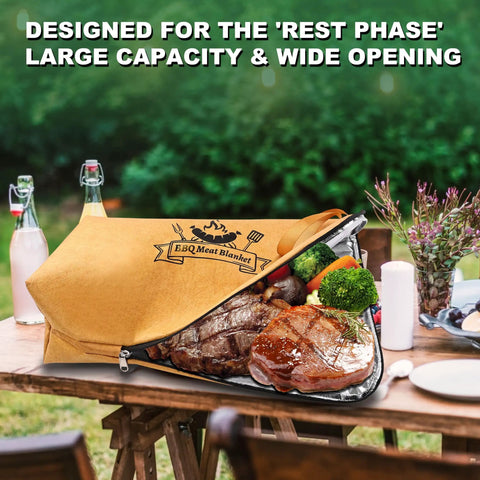 5 In 1 Pro Grade Grill Tools Set With Insulated Meat Resting Blanket with roast meat, outdoor setting