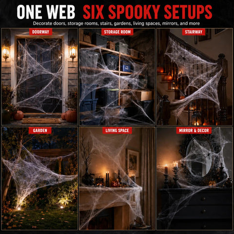Epic Halloween Fake Spider Webs With 200 Square Feet Of Stretchable Yard Netting And Twenty Realistic Creepy Crawlers for spooky indoor and outdoor setups.