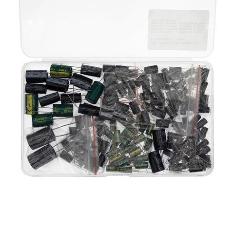 Premium Top Shelf 250V Dip Electrolytic Capacitor Assortment Kit with 157 pieces in a clear storage box.