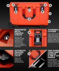 Trail 80 Waterproof Storage Box With Wheels, 79L Outdoor Gear Case, bright orange, reinforced latches and handles, close-up view