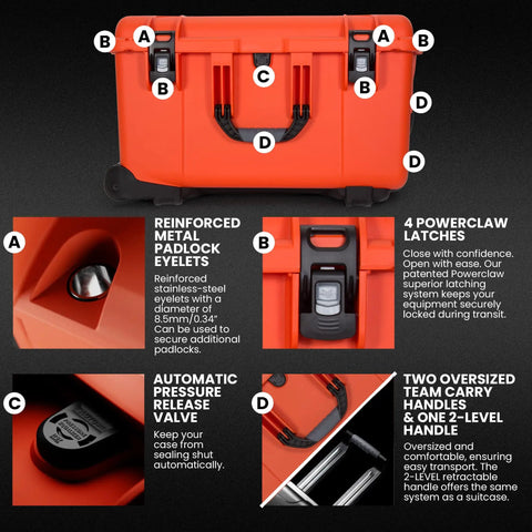 Trail 80 Waterproof Storage Box With Wheels, 79L Outdoor Gear Case, bright orange, reinforced latches and handles, close-up view