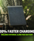 Top Tier Solar Panel For Trail Cameras With Slick Fast Charging And 5000 Milliamp Power Bank mounted on a tree.