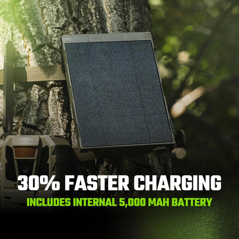 Top Tier Solar Panel For Trail Cameras With Slick Fast Charging And 5000 Milliamp Power Bank mounted on a tree.