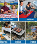 Disposable Portable Charcoal BBQ With Pull Start Ignition in use at tailgating, lakeside, camping, hiking, and picnic settings.