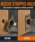 Before and after image showing repair of stripped holes using Thirty Five Pack Heavy Duty Self Expanding Metal Anchor Screws.