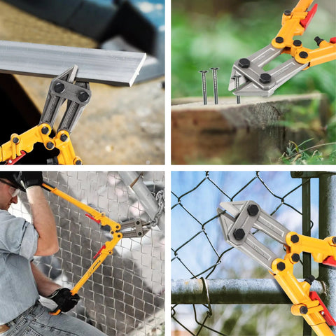 Power Grip 18 Inch Bolt Cutter With Folding Handles For On The Go Jobs, cutting metal and wire fences, close-up details shown