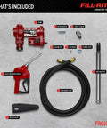 Heavy Duty Cast Iron Fuel Transfer Pump With Automatic Nozzle And Discharge Hose, 15 Gallons Per Minute 115 Volt Motor components laid out.