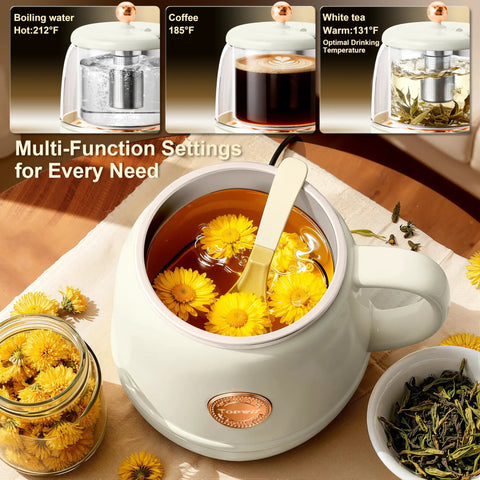 14 Oz Travel Electric Kettle With Rapid Heating To 212 Degrees Fahrenheit Temperature Control Mug Warmer showcasing functions