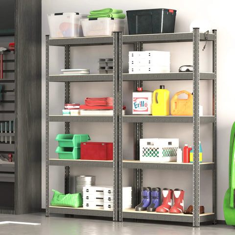 Four Heavy Duty Five Tier Storage Shelves 28 By 12 By 59 Inches Built Rock Solid Utility Rack Organizer For Garage Or Basement with boxes and tools.