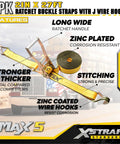 4 Pack 2 Inch By 27 Foot Heavy Duty Ratchet Tie Down Straps With Double J Hooks, shown with extended strap and truck