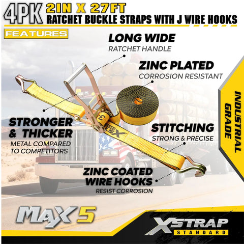 4 Pack 2 Inch By 27 Foot Heavy Duty Ratchet Tie Down Straps With Double J Hooks, shown with extended strap and truck