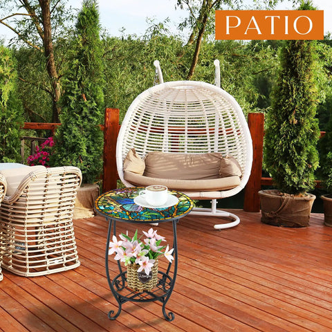 Outdoor Round Side Table 14 Inch Mosaic Butterfly Style Patio Accent Table For Yard Porch Garden Living Room Or Bedroom