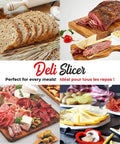 Top Notch Manual Rotary Deli Slicer With A Six Point Five Inch Serrated Blade And Dead Simple Thickness Tweaks Plus Bonus Two In One Peeler For Hassle Free Carving Of Meats Cheeses Bread And Big Loaves with sliced bread and meats.