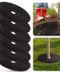 32.5 Inch Nonwoven Tree Mulch Ring Six Pack Reusable Weed Barrier Mat Degradable, shown stacked and in landscape use