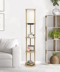 62.5 Inch Round Modern Shelf Etagere Floor Lamp With USB Ports And Outlet Linen Shade In Soft Light Pink Finish next to sofa