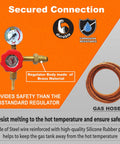 Secured connection for Dual Burner Propane Blacksmith Forge With One Side Door 2600F Rated Heat featuring brass regulator and hose.