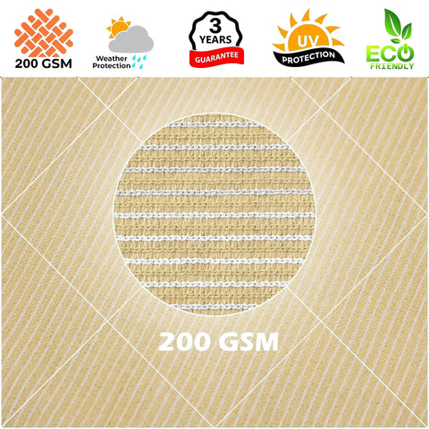 Detailed view of Beige Right Triangle Shade Sail Canopy material showing weather protection, UV protection, and eco-friendly features.