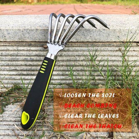 Five Claw Landscape Garden Rake Dethatcher Grab And Go All In One Tool for Weeding and Leaf Removal with black handle on grass