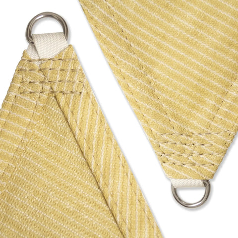 Close-up of Beige Triangle Shade Sail 10 Feet By 10 Feet For Patio Deck And Garden Made From 200 GSM HDPE with stainless D-rings