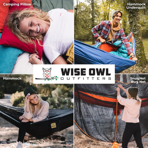 Collage of camping products including a pillow, underquilt, hammock, and bug net in outdoor settings with Wise Owl Outfitters logo.