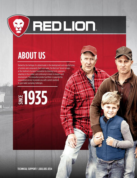 Red Lion brand image featuring three generations of men, promoting water pumping solutions since 1935.