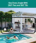 View displayed through 2K Pan Tilt Outdoor Security Camera System With Plug In Power No Blind Spots 360 Degree View Motion Tracking Person Recognition Package Detection Animated Preview Dual Band WiFi 2 Cameras 1 Month Secure Plan Trial.