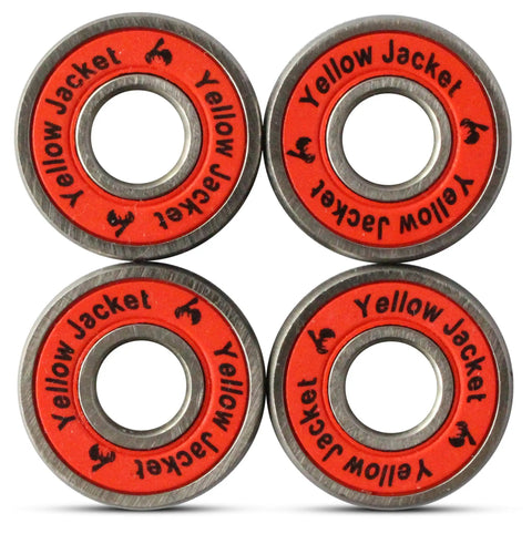 Abec Nine Six Zero Eight Scooter Bearings Feature Sealed Double Shielding For Friction Free Acceleration Reinforced Steel Housing Extends Overall Lifespan Built Tough For Urban Cruising And Park Stunts Glossy Racer Red Exterior Ships As A Ready Four, showing a pack of four red and gray scooter bearings.