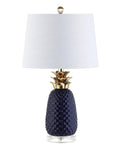 Navy Blue And Gold Pineapple Ceramic Table Lamp For Bedroom Decor With White Linen Drum Shade And LED Bulb Modern Whimsical Bedside Nightstand Light