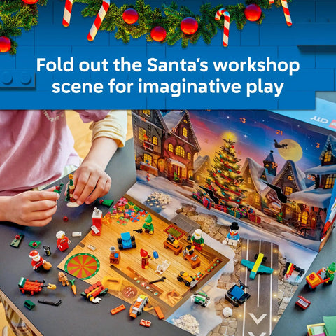 Ultimate Holiday Advent Calendar Set For 2026 Featuring Twenty Four Sweet Mini Surprises And Rad Brick Pieces Designed For Kids Five Plus delivering imaginative play with fold-out Santa's workshop scene.