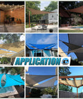 Various installations of a Beige Triangle Shade Sail 10 Feet By 10 Feet For Patio Deck And Garden Made From 200 GSM HDPE Fabric