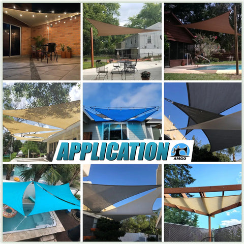 Various installations of a Beige Triangle Shade Sail 10 Feet By 10 Feet For Patio Deck And Garden Made From 200 GSM HDPE Fabric