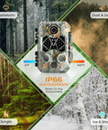 4K 64MP Solar Trail Camera With Massive 10000mAh Battery And Instant WiFi Bluetooth Hunting Cam showing IP66 waterproof features for extreme conditions.