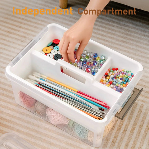 17 Quart Clear Plastic Storage Bins With Four Compartment Removable Tray shown organizing craft supplies with colorful beads and yarns.