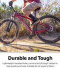 Cyclist on trail with replacement 26 inch bike inner tube with Schrader valve for 1.75 to 2.125 inch wide mountain tires