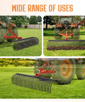 3 Point Tow Behind Rake With 60 Inch Width And 32 Steel Tines, Adjustable Angle Lawn Dethatcher And Landscape Rake attached to tractor