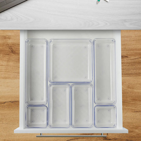 7 Piece Drawer Organizer Set With 4 Different Sizes Clear Crystal Plastic Trays For Office Home Makeup Kitchen And Junk Drawer Modular Build For Customizable Storage And Easy Grab And Go Organization installed in a drawer