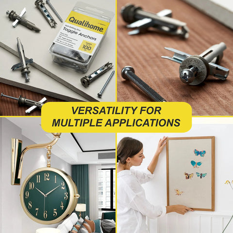 Self-Drilling Drywall Anchors And Screws Kit With Toggle Anchors And Zinc Plated Screws for mounting decor, shown with packaging and applications.