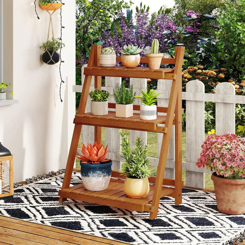 Foldable 3 Tier Ladder Plant Stand Made Of Solid Wood For Indoor Outdoor Use Space Saving Corner Shelf For Plants Pots And Books