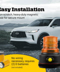 Badass Led Amber Warning Beacon With Rock Solid Magnetic Base, Three Sixty Degree Strobe Light Featuring Four No Sweat Flash Modes, Battery Powered Ip Sixty Five Weatherproof Class Three Job Site Safety Alert on vehicle with batteries.
