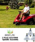 Solid As A Rock Heavy Duty GY21099 Spindle Assembly 3 Pack For John Deere 54 Inch Mower Decks on a red mower.